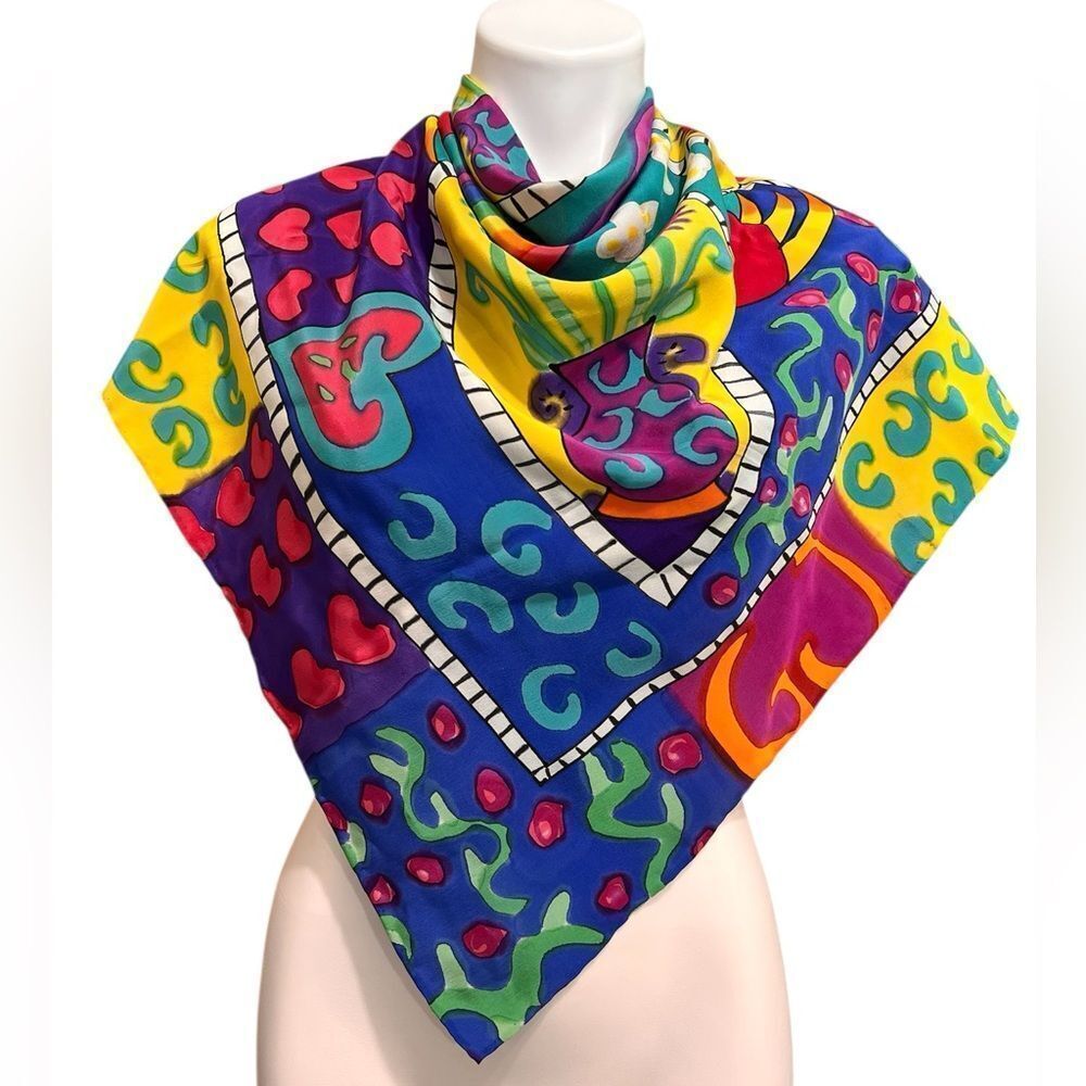 SILKSCAPES Silk Hand Painted Colorful Heart Pattern Scarf 35” X 34”